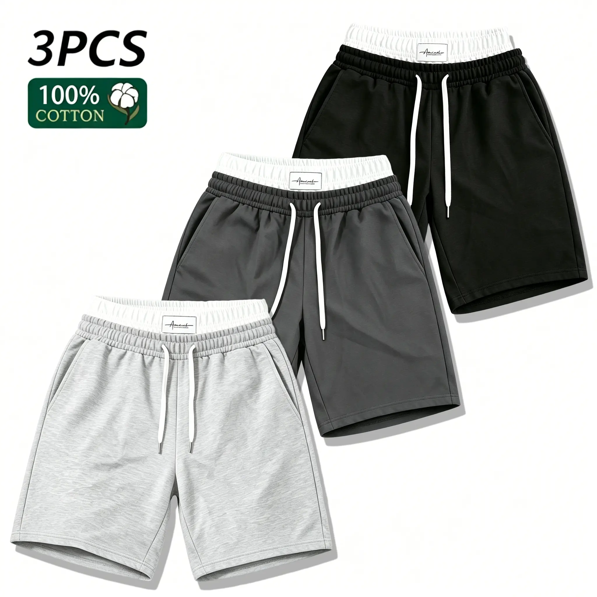 3-pack unisex pure cotton casual shorts featuring contrasting double waistband design, elastic waist with drawstring, pockets, soft, comfortable, breathable fabric; suitable for sports/fitness and everyday wear.