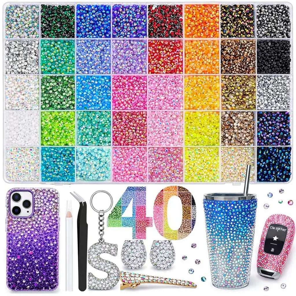 34000Pcs 40 different kinds Synthetic Resin Rhinestones Jelly Decoration Beads for Crafting Multicolor 3mm Flatback Synthetic Gems with Complete Tool  Tweezers Shimmer for DIY Crafts Book Shoes Nail Art bedazzled kit