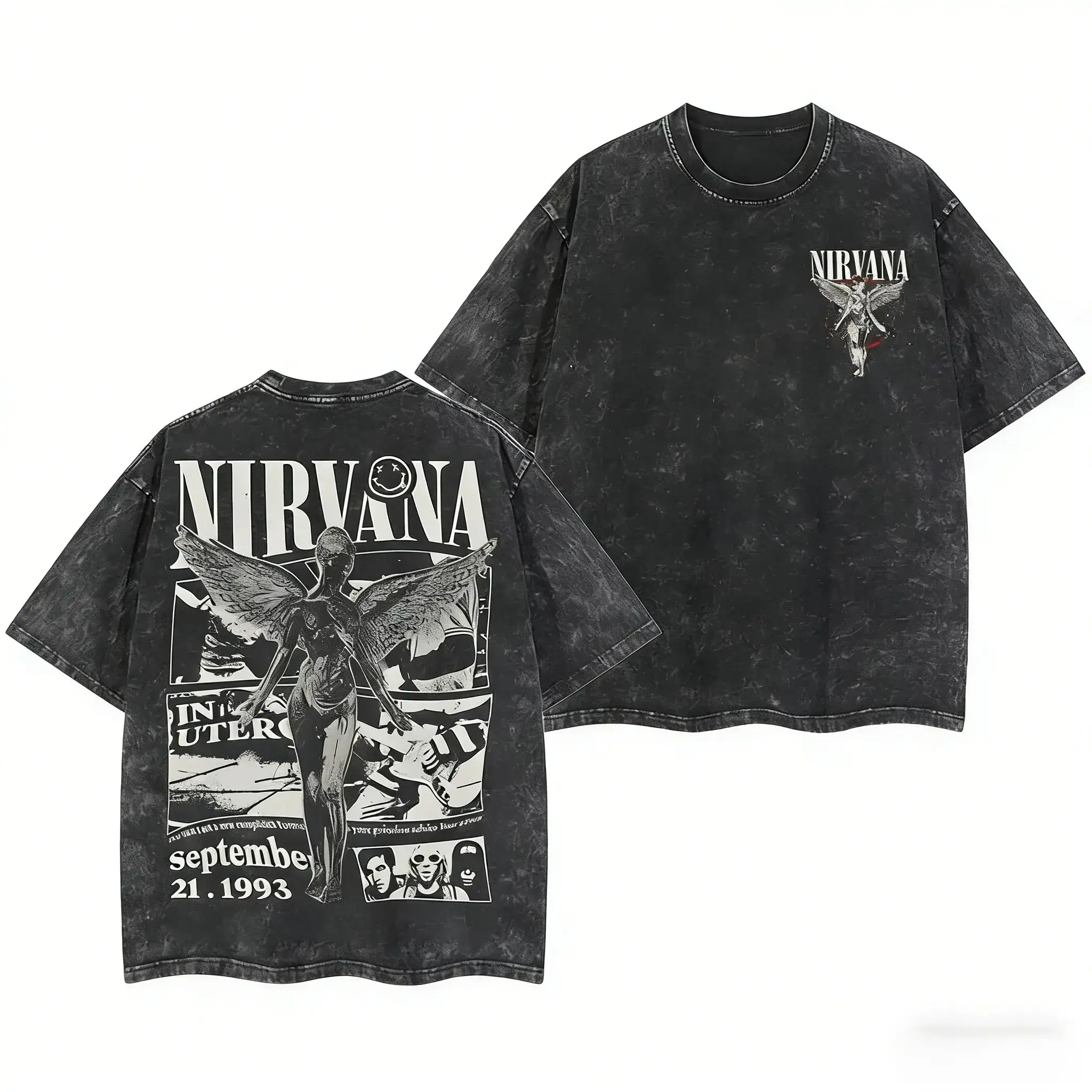 Men's Oversized Comfy Menswear Short-Sleeve Washed Heavyweight Cotton Graphic Tee - Retro Limited Nirvana Band Tour 2-Sided Print, Unisex Vintage Streetwear Top Gift for Rock Music Lovers, Casual, Shortsleeve