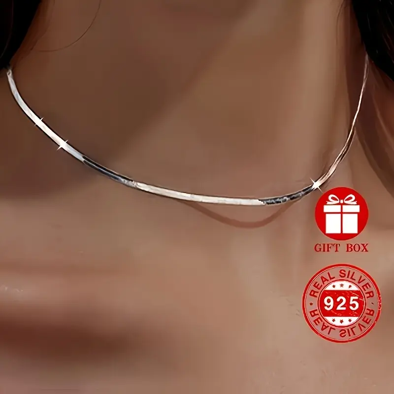 Retro Flat Snake Chain Necklace, 925 Sterling Silver Thin Polished Jewelry for Women's Fashion, 1pc for Adults, All Seasons Valentine's Day Gift, Daily Wear