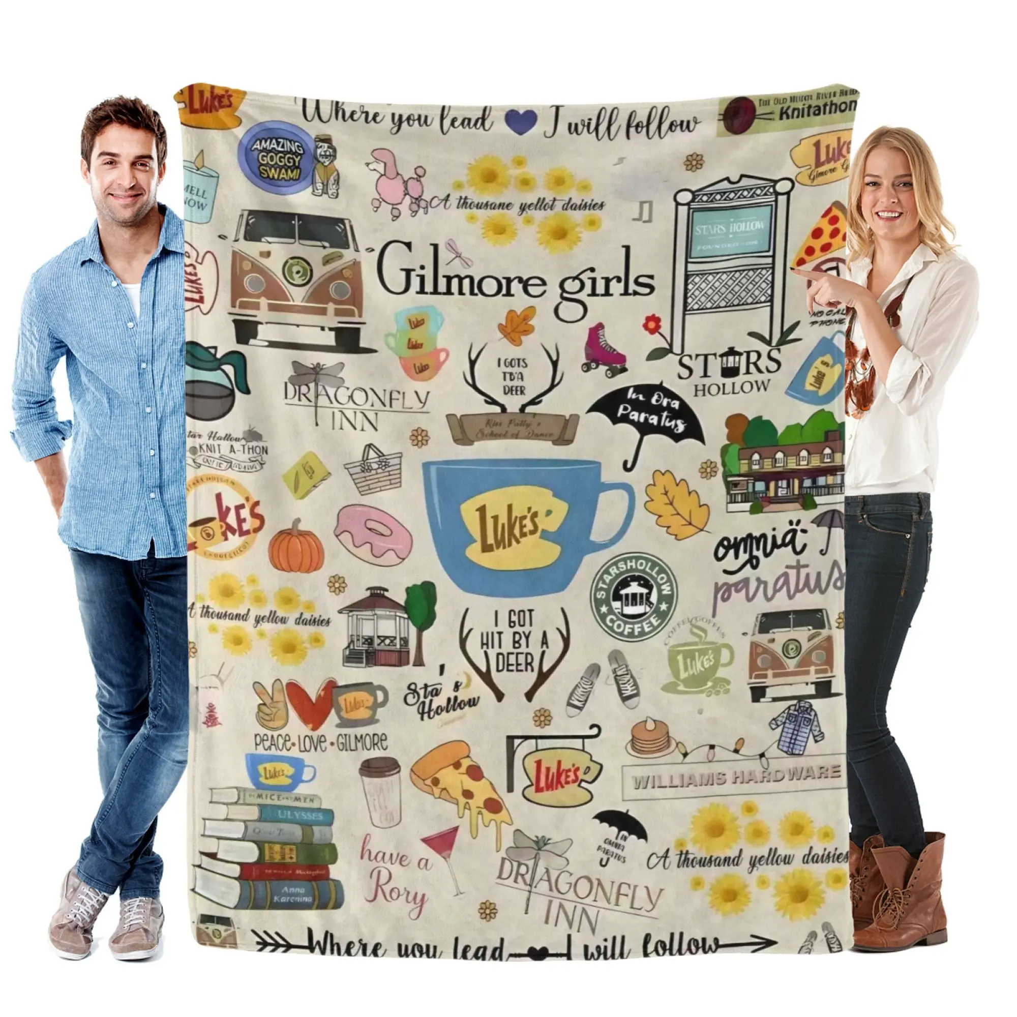 Ultra Soft Flannel Throw Blanket Gilmore Girls Full Icon Collage Print Luke's Diner Coffee Cup Stars Hollow Dragonfly Inn Yellow Daisies Vintage Pattern Lightweight Warm Fleece Blanket TV Show Fan Decor Blanket For Bedroom Couch Sofa All Season Use