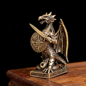 Vintage Brass Dragon Knight Statue with Sword and Shield, Retro Desktop Decor, Collectible Figurine Mythical Creature Ornament Gift