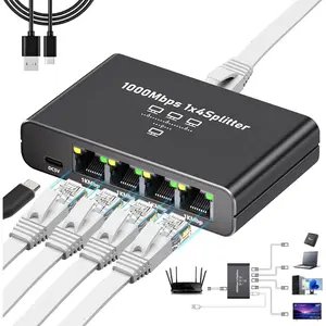 Gigabit Ethernet Splitter 1 to 4 - 1000Mbps RJ45 Port Router  with USB-C Power, Plug & Play 1-in-4-Out LAN Adapter for Cat5/5e/6/7/8 Cables, High Speed Network  for Desktop Printer Camera