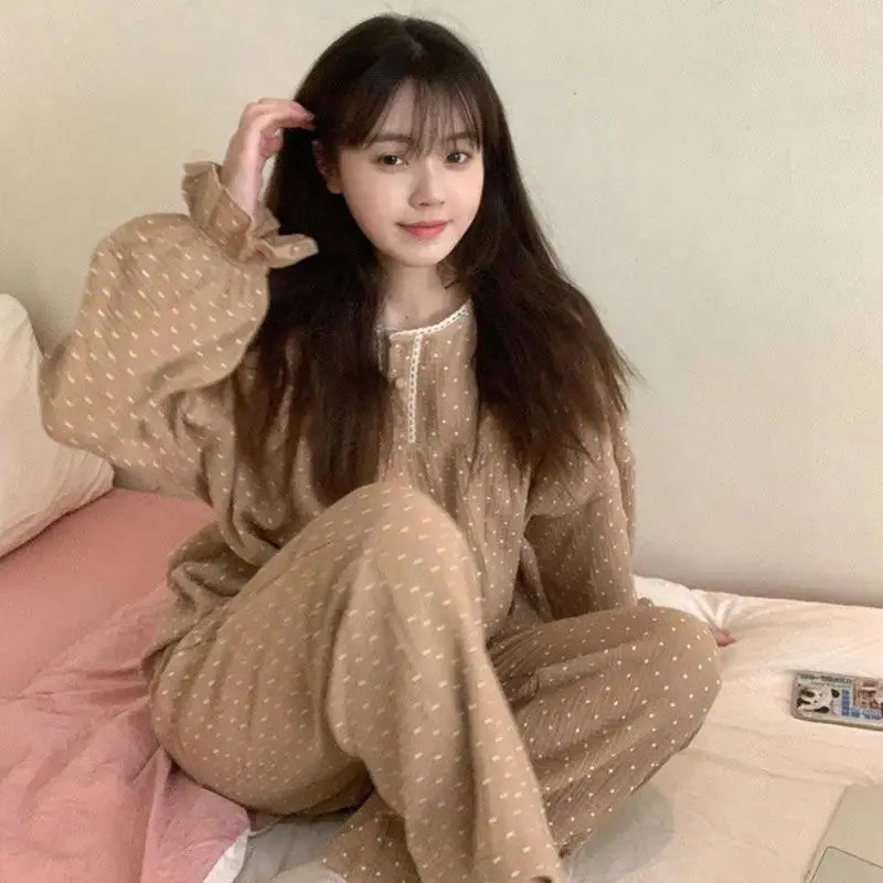 Women's 2025 Vintage Korean Preppy Style Polka Dot Long Sleeve Loungewear - Soft Cute Comfy Pyjamas, Casual Student Sleepwear Sets, Cute Pajamas, Comfy Sets