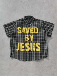 Men's Plaid Checkered & Saved By Jesus Slogan Print  Short Sleeve Shirt, Regular Fit  Casual Comfy Button Front Collared Top for Summer, Fashion Men's Clothes for Daily Wear, Button Down Shirts