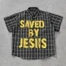 Men's Plaid Checkered 'Saved By Jesus' Slogan Print Short-Sleeve Shirt, Checked Plaid Shirt, Regular Fit Casual Comfy Collared Button-Front Top for Summer, Ideal for Daily Wear