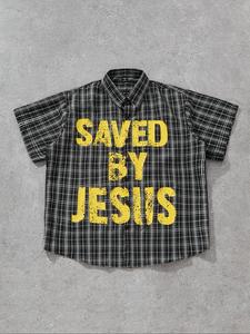 men's plaid & saved by jesus slogan print  short sleeve shirt, regular fit  casual comfy button front collared top for summer, fashion men's clothes for daily wear