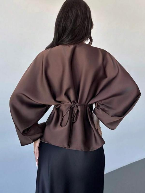 Elegant Satin Lantern Sleeve Top Blouse, Back Tie Waist Design, Round Neck, Perfect for Commuting and Dates, High-End Style