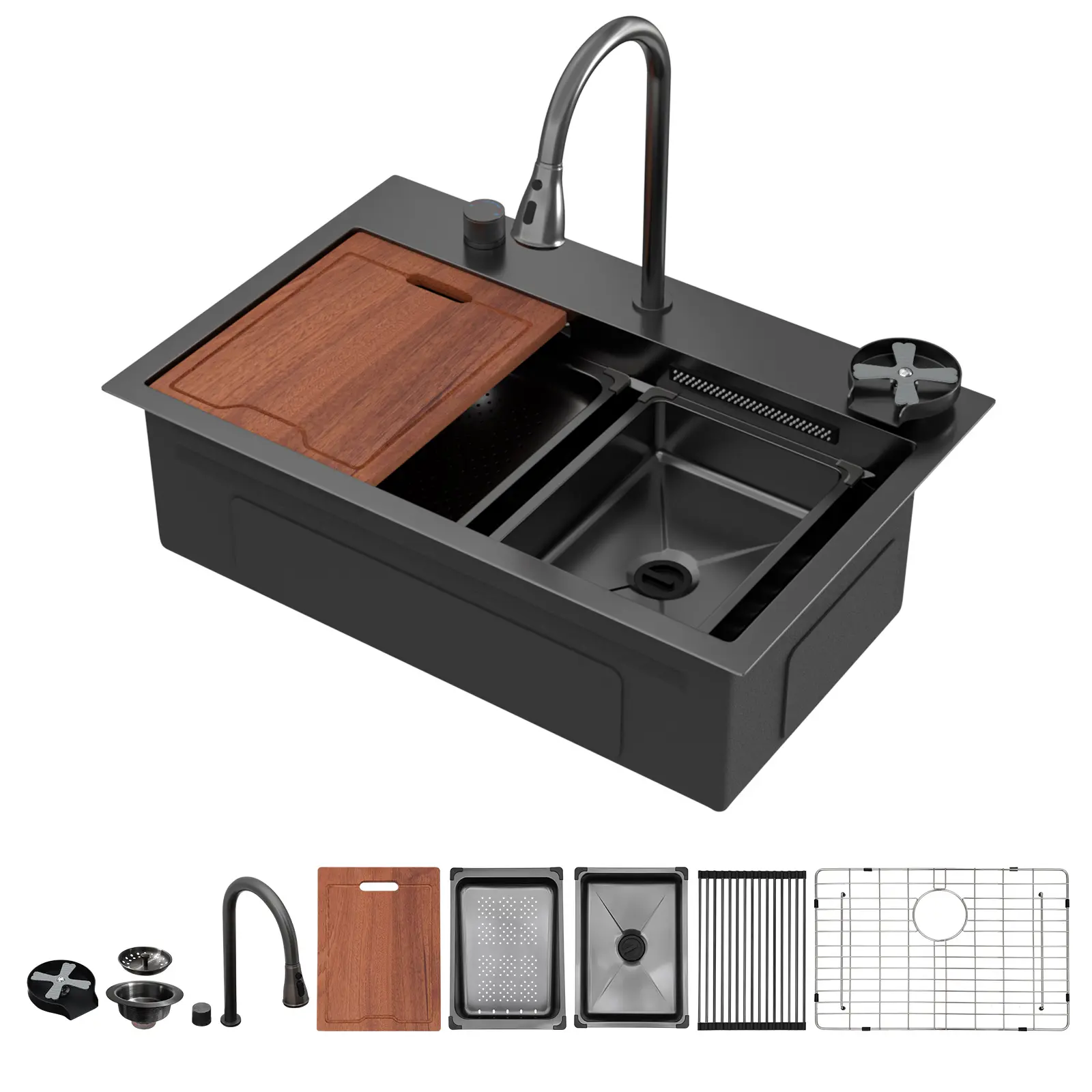 Kichae 31"x20" Waterfall Black Kitchen Sink Single Bowl Drop-In Kitchen Sink T304 Stainless Steel Workstation Sink With Pulldown Faucet,Flying Rain Faucet,Glass Rinser