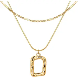 Evabelle Gold Layered Necklace for Women Trendy Jewelry 14K Real Gold Plated Chunky Chain Stackable Necklaces Dainty Choker Necklaces Rectangle Square Pendant