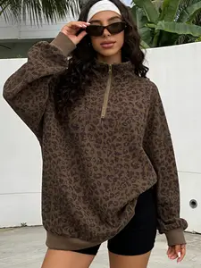 Women's Leopard Print Pullover Hoodie Comfortable Stylish Half-Zip Jacket for Fall Winter Casual Wear Brown & Black Oversized Loose Fit