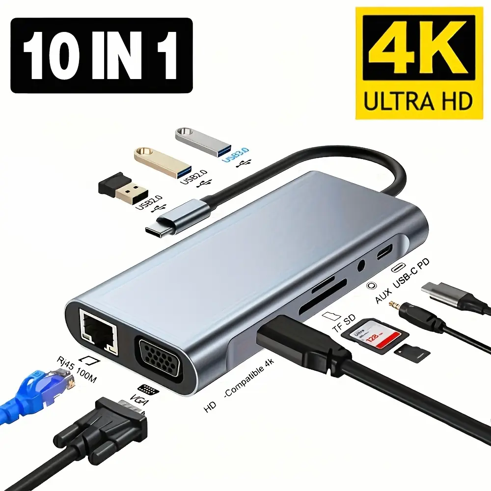 USB C Hub 4K 30Hz Type-C to HDTV Compatible USB 3.0 Adapter 10-In-1 Type-C Hub Docking Station PD 87W USB C Splitter for Macbook Pro Air