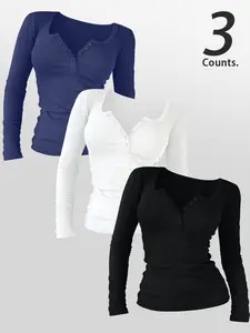 Women's Casual Slim Fit Long Sleeve Round Neck Button Top Set, Comfortable Fabric for Daily Wear, Spring & Fall Fashion, 3 Piece Combo Basic Womenswear