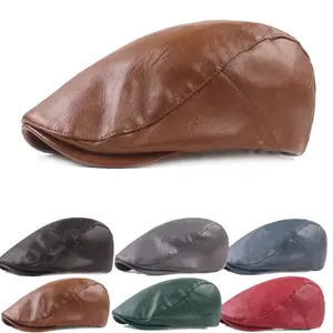 Men's PU Leather Beret Hat, Vintage Male Flat Caps Driver Hats for Man Berets