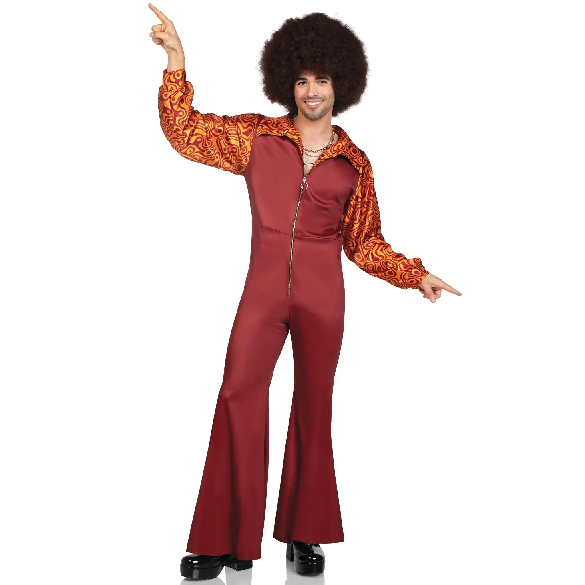 Men's Disco Jumpsuit, Retro 70s Halloween Costume with Groovy Print and Bell Bottoms, Front Zipper for Matching Party Outfits, Do Not Iron, Drip Dry, Menswear, Bell-Bottom, Fashion, Long Sleeve, Clothes, Easy-On Fit, Full-Length