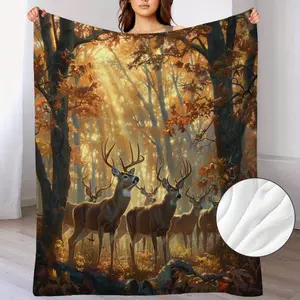 Cozy Vintage Deer & Abstract Forest Fleece Blanket -  Ultra-Soft Flannel Throw for Couch, Sofa, Bed, Perfect All-Season Gift for Youngsters, Boys, Girls - Colorful Wildlife Landscape Design with Autumnal Hues, Flannel Blanket