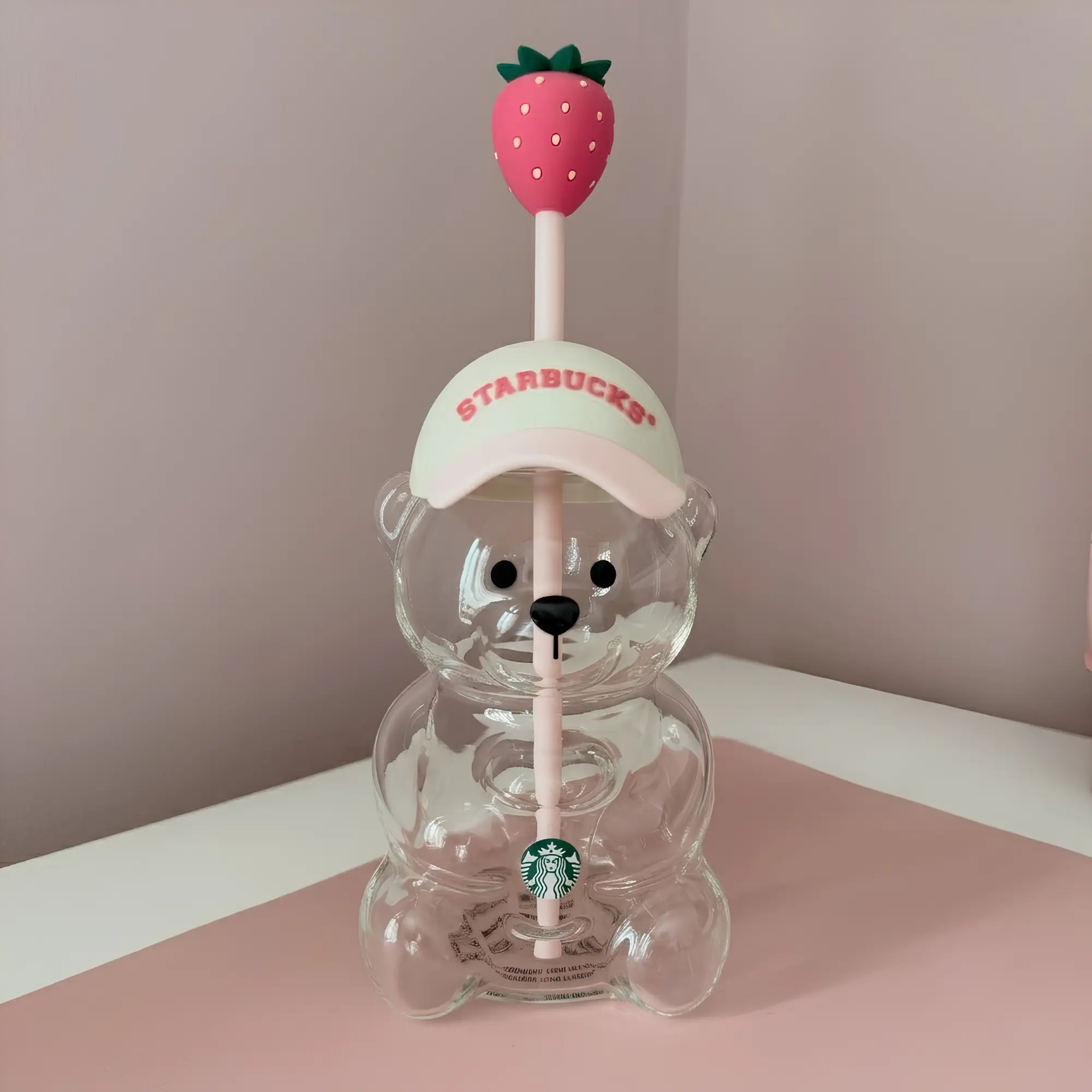 Aesthetic 20oz Strawberry Bear Glass Cup with Airtight Lid  Cute Pink Mug for Iced Coffee, Cocktails & Valentine’s Gift