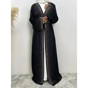 Women’s rhinestone-decorated belted abaya without hijab, modest long-sleeve open-front abaya for daily wear, women’s Islamic clothing for spring and fall