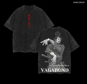 Vagabond Anime Double Printed Vintage Washed Tee Unisex Oversize Heavyweight Cotton T-shirt for Anime Fans and Lovers