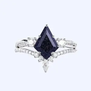 Kite-Cut Blue Sandstone Galaxy Engagement Ring Set in Solid 18k White Gold with V-Shaped Moissanite Contour Band Sparkling Midnight Sky Center Slim Pave Shank Vintage Bridal Stack Custom June Birthday Promise Ring Anniversary Gift Free US Shipping