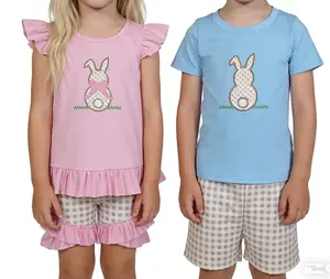Toddler Girls' 2-Piece Soft Cotton Matching Sets - Easter Theme Blue Bunny Print Clothes with Egg Accents, Durable Holiday Style Outfits
