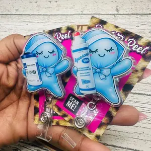 3 ops Blue Glovies Glove Buddies Glitter Acrylic Badge Reel, Healthcare ID Clip