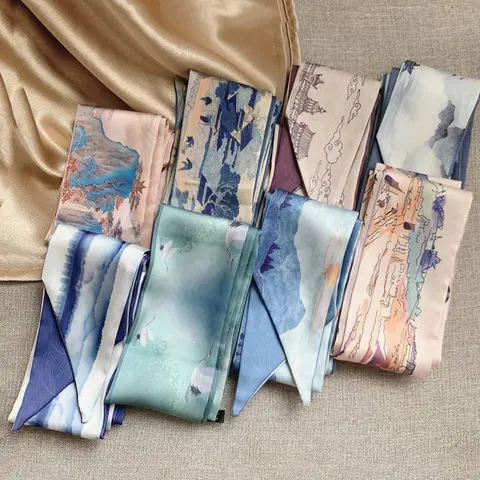 Vintage Oil Painting Long Scarf Bow Hair Tie Bag Handle Ribbon Accessory Gift Box Small Silk Scarf, Elegant Women's Fashion, Fashion Hair Scarves, Elegant Printed Scarf