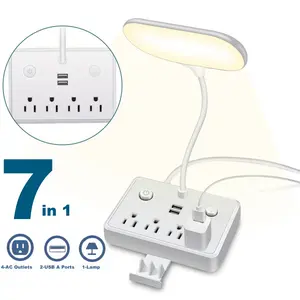 Power Strip Desk Lamp,Multi-Functional Night Light with 4 AC Outlets & 2 USB Ports, Power Strip Desk Lamp, LED Reading Light, Study Lamp, Direct Phone Charging, 3 Lighting Modes, Adjustable Brightness