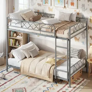 Twin Over Twin Bunk Bed for Kids, Teens & Adults, Heavy Duty 2-Tier Bed with Stairs, Full-Length Guardrails, Metal Slats, No Box Spring Needed, Space-Saving Design, Grey