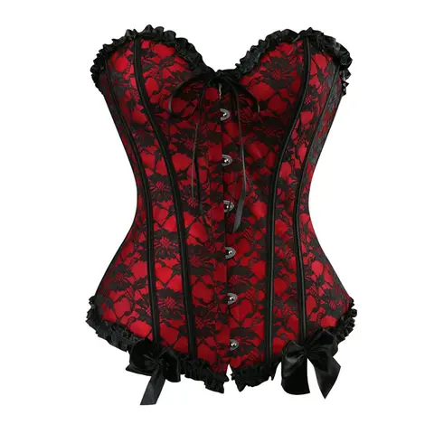 Women's Black Satin Overbust Corset Top - Adjustable Waist Cincher Shapewear Underwear, Floral Lace Trim, Ruched Bodysuit, Gothic Halloween Costume Party Tops for Women (815-D1), Women's Halloween