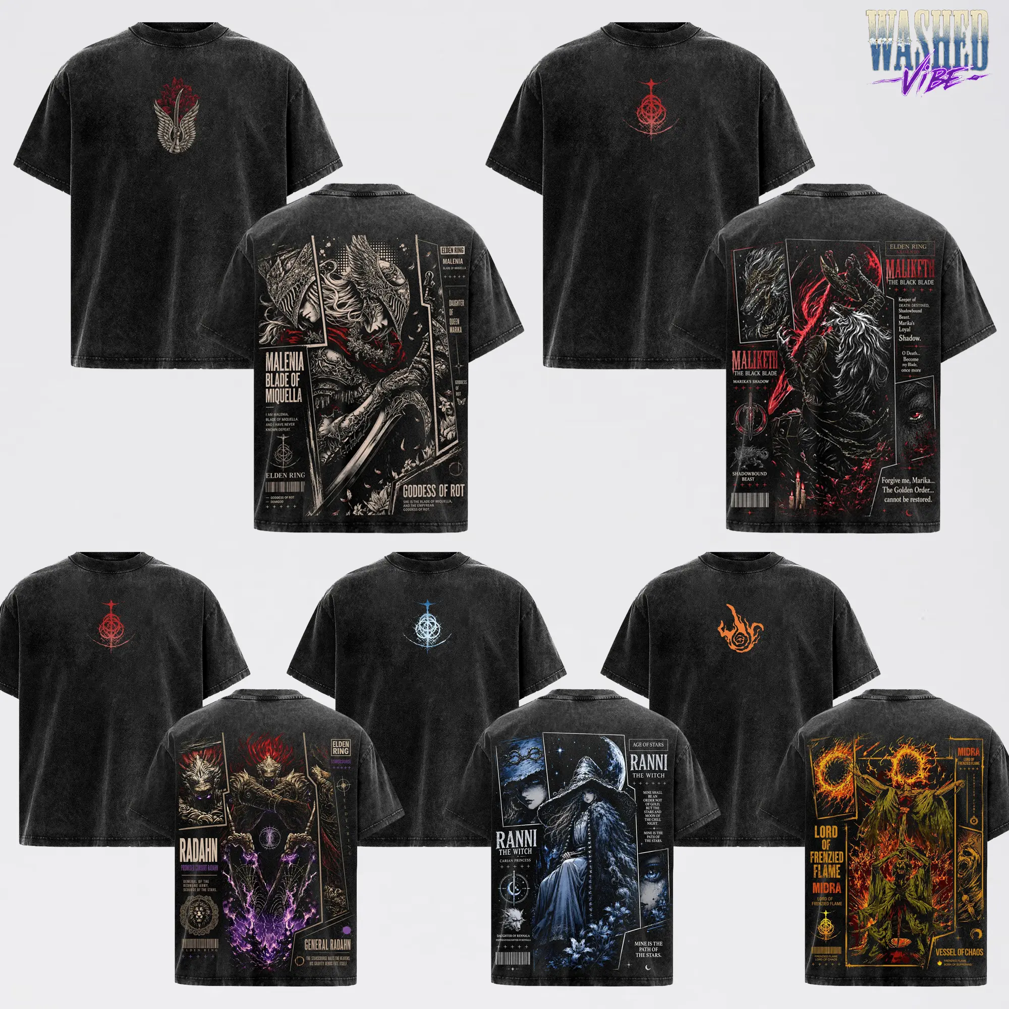 5 Design Elden Ring Vintage Washed Oversized T-Shirt, Ranni, Malenia, Radahn, Maliketh Dark Fantasy Graphic Tee, Tarnished Soulslike RPG Streetwear, Heavyweight Cotton FromSoftware Gamer Merch, Gift for Elden Ring Fans