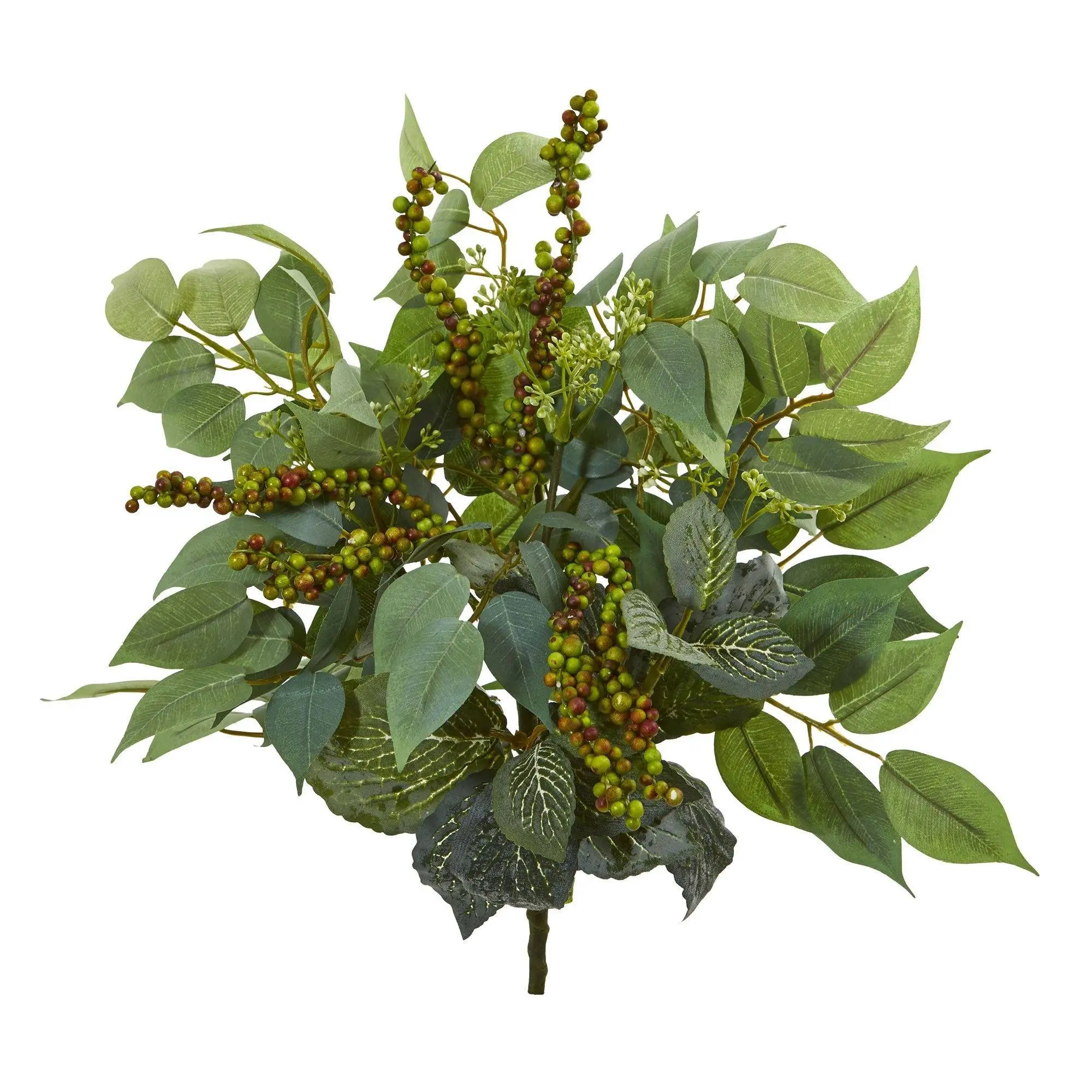 14” Decorative Artificial Mixed Ficus, Fittonia Plants & Fruit Berries Bush Set of 6 - Home Decor Table Accent with Light, Light Green Foliage & Variegated Leaves