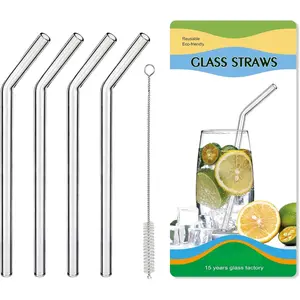 Shatter Resistant Borosilicate Glass Straws, Dishwasher Safe - 9 Inch Bent  Straws 8mm with Cleaning Brush, Fits 12-20oz Cups for Iced Coffee & ,