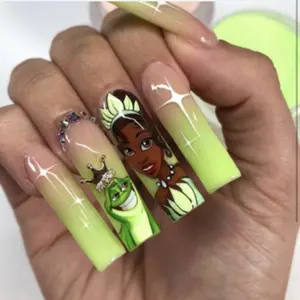 Kids Lavish Freestyle Press On Nails with Princess and Frog Design Green Gradient Finish