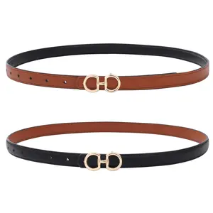 Reversible Thin Belts for Women Skinny Leather Waist Belt Ladies' Horseshoe Buckle Fashion Belt for Jeans Dresses