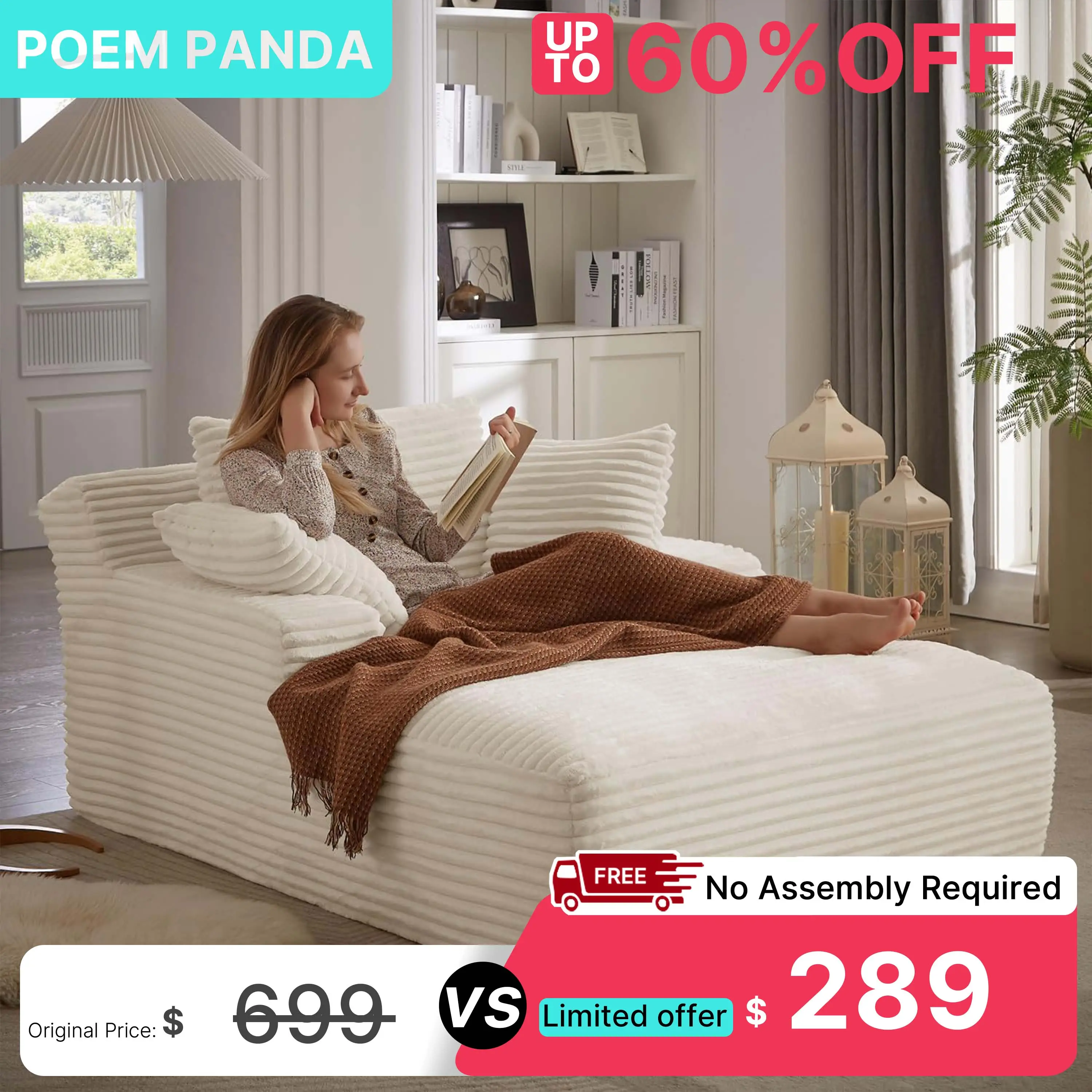 PoemPanda 67 Inch Oversized Lounge Chair, Boneless Chaise Lounge Living Room,Corduroy sofa,No Assembly pression sofa,Fluffy cloud sofa bed, Cloud couc