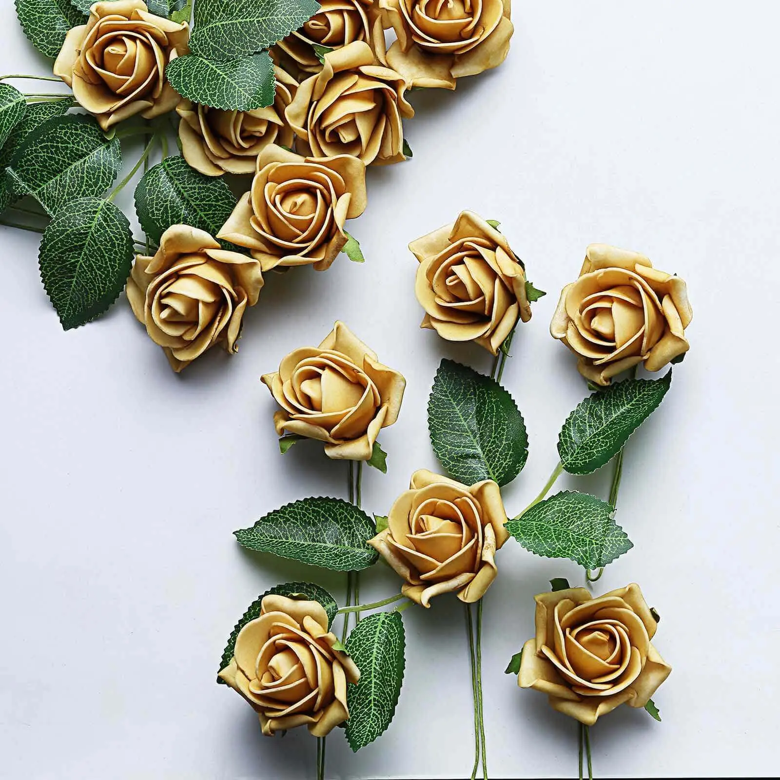 2" Gold Artificial Foam Faux Flower Bouquet - 24 Pieces with Wire Stems, Leaves, Ideal for Home Decor, Ornaments, DIY Projects, Floral Tributes