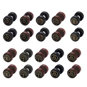 OIDEA 10-Pair Vintage Viking Anti-Rust Steel Wood Stud Earrings, Stainless Steel-Wood Disc Dumbbell Studs for Men-Women, Nordic Rune Pierced Earrings, Anti-Rust Steel Earrings
