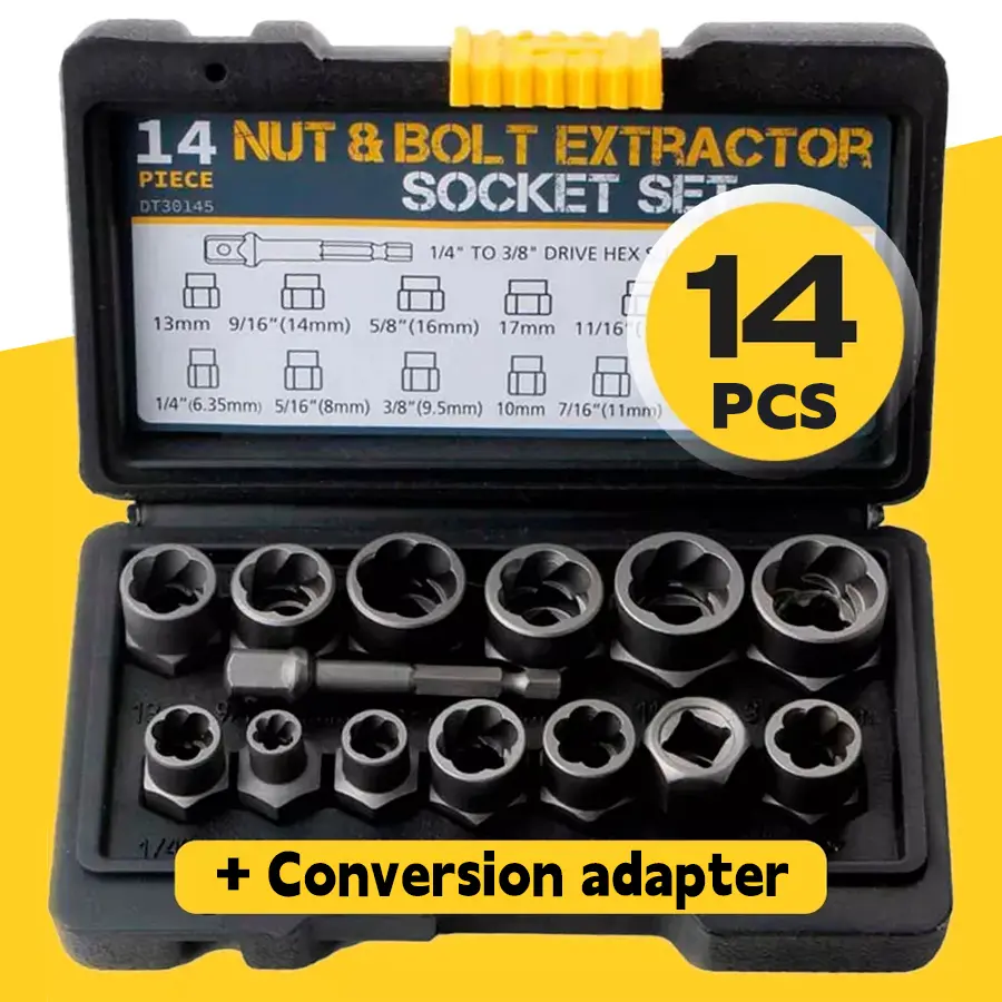 Impact Bolt & Nut Remover Set,14 Pieces Bolt Extractor Tool Set with Solid Storage Case,Extraction Socket Set for Removing Damaged,Frozen,Rusted,Rounded-Off Bolts,Nuts and Screws. Halloween/Thanksgiving/Christmas—The Best Choice for Gifts