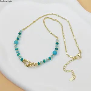 18K Gold Plated Boho Turquoise Layered Necklace, Natural Stone & Shimmer Bead Design, Bohemian Stackable Choker for Women, Trendy Aesthetic Jewelry Perfect for Daily Wear, Beach & Vacation Outfits