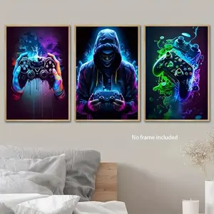 3pcs/set Gamer's Dream Canvas Wall Art Set - Vibrant Neon Headphones & Controllers, Frameless Modern Decor for Bedroom, Living Decoration, Modern Home Decor