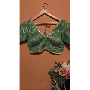 Banarasi Green Silk Blouse with Adjustable Neckline and Traditional Style for Womenswear Comfort and Elegance