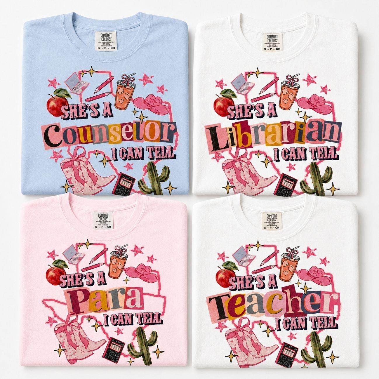 Comfort Colors She’s a Teacher/Librarian/Counselor/Para I Can Tell T-Shirt, Teacher Ellas Fellas Shirt,Funny Teacher Graphic Tee, Cute Classroom Shirt, Back to School Teacher Outfit, Teacher Appreciation Gift, Elementary Teacher Life Tee VJB