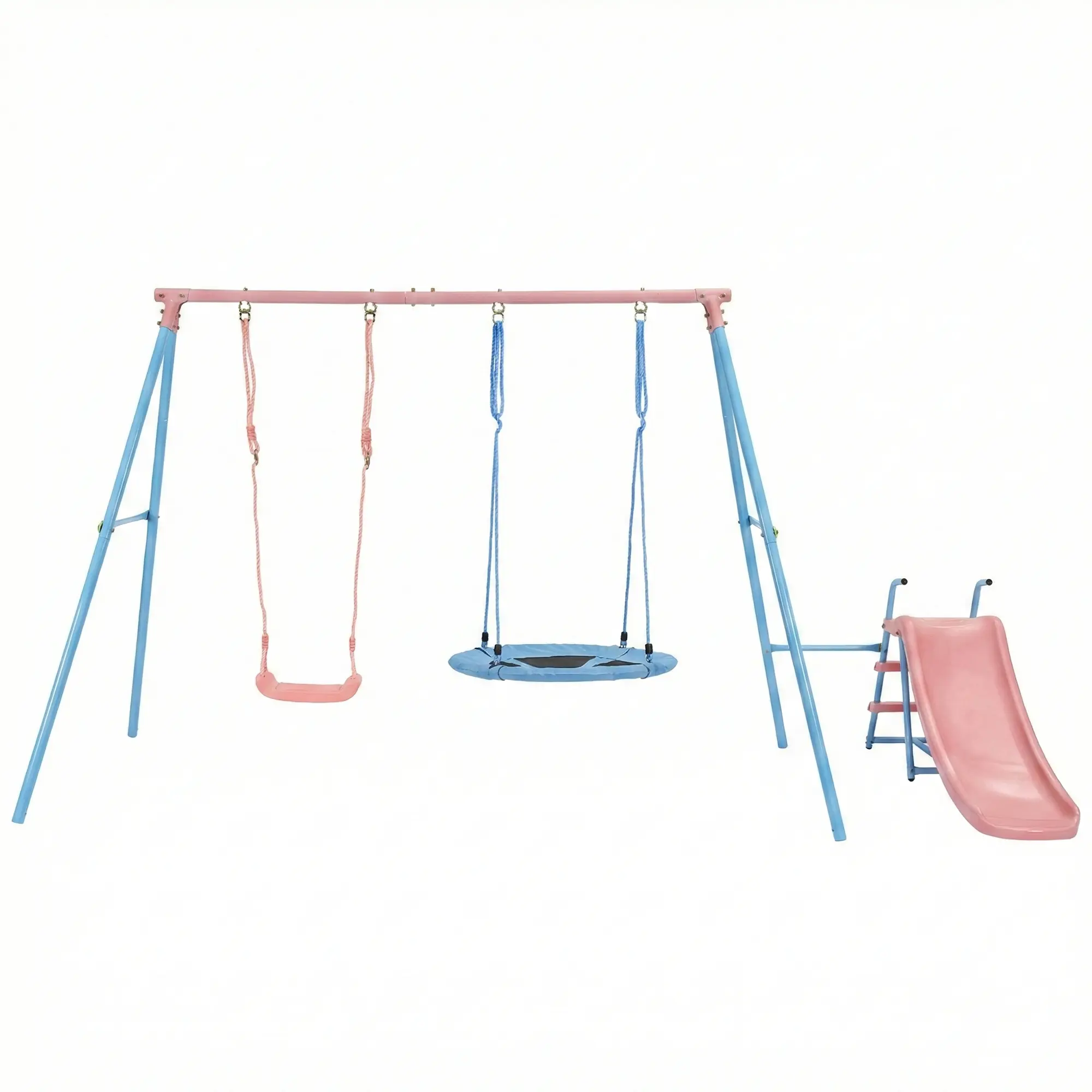 MERSCO SPORTS 3-in-1 Heavy-Duty Multi-Swing Outdoor Backyard Playset - Sturdy Metal Frame Set with Baby Swing, Slide, Flying Saucer, for Ages 3-8, Pink Playground Toy, Outdoor Stuff for Kids,summerwins