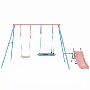 Mersco Baby Swing Set with Slide 3-in-1 Outdoor Playset for Backyard with Flying Saucer & Classic Swing Sturdy Metal Frame Playground Swing Set Toy for Kids Pink