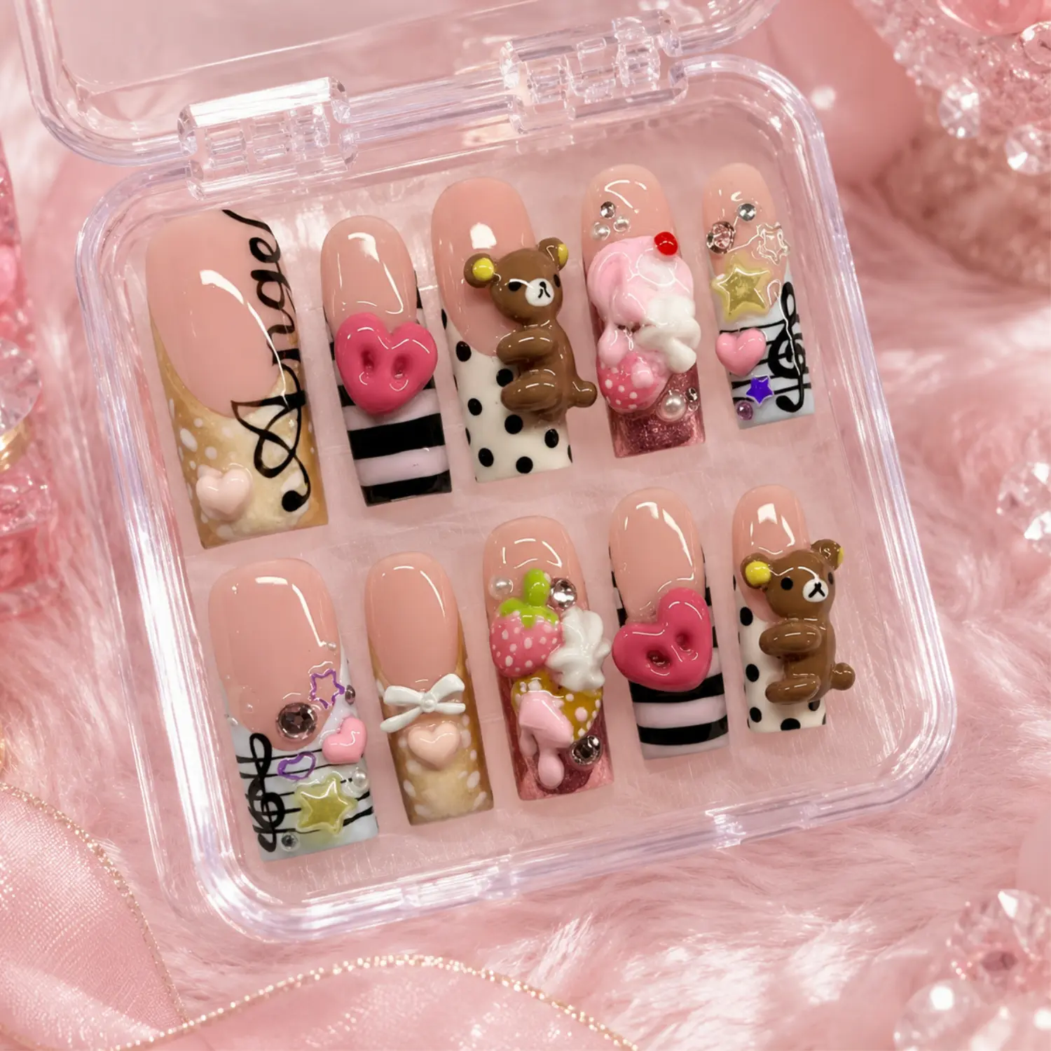 Kawaii Bear Dessert Press On Nails, 3D Teddy Cookie Strawberry Cream Charms, Heart Button Music Note Design, Cute Pink Handmade Japanese Style Nail Set for Women