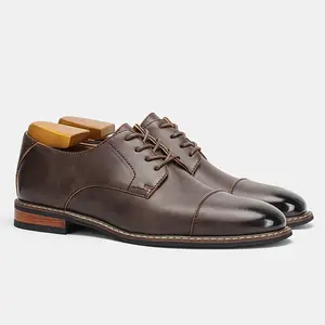 Men's Dark Brown Leather Round Toe Oxford Shoes, Formal Lace-Up Business Shoes with Polished Toe Details, Classic Business & Wedding Office Footwear