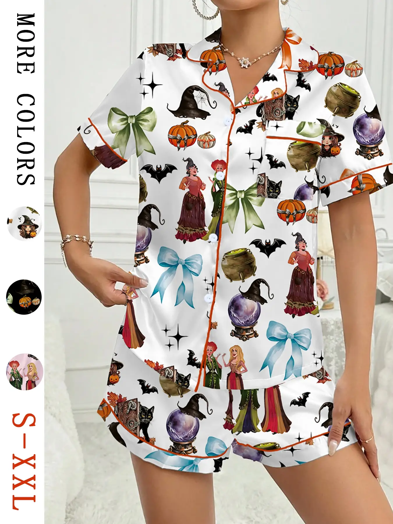 【Halloween】 Pumpkin & Bat Print Short Sleeve Pajama Set, Comfortable Sleepwear for Halloween, Perfect for Sleep and Leisure