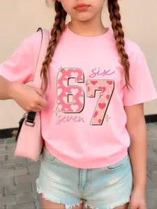 Girls' Outdoor Casual Round Neck Short Sleeve Top, Graphic Print Tee, Heart Number Print, Comfortable Versatile Regular Fit, Ages 4-12, Cartoon Style