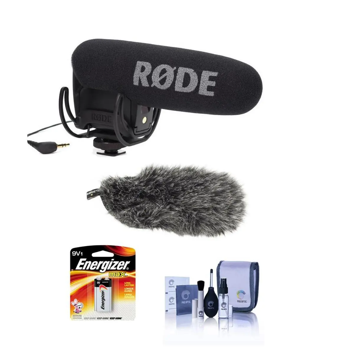 Rode Microphones VideoMic Pro R Portable Cardioid Condenser Audio Recording Mic with Rycote Lyre Shock Mount for DSLR Cameras - Bundle with Rode DeadCat VMPR Noise-Reducing Artificial Fur Wind Shield, Cleaning Kit, 9V MAX Alkaline Battery, Pad